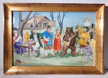 1989 Delightful Original Watercolor Russian Village Feast With Bear Playing Balalaika Leningrad Artist