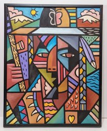John Rosa 1993 Listed American 20th C Artist Signed Original Cubist Abstract Oil On Canvas 'Santa Fe' Series