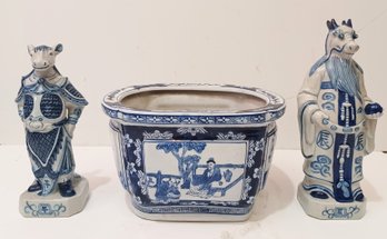 Vintage 20th C. Chinese Blue & White Fine Porcelain Ceramic Planter And Two Zodiac Figures Stamped 3 Pieces