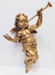 Antique Gilt Cherub Putti Continental Baroque Style Winged Archangel Gabriel W/ Trumpet