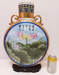 Large Vintage Chinese Porcelain Vase On Pedestal Hand Painted Winter & Spring Landscapes 19' Tall