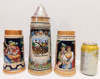 Authentic Hand Painted, Matching 1/2 Liter Beer Steins & 1 Liter With Silver Lid Made In Germany Stamped 3 Pcs