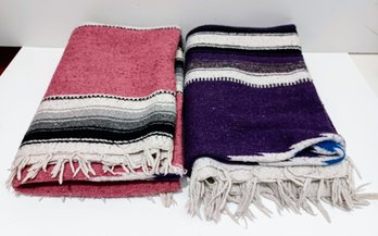 Two (2) Traditional Mexican 100 Wool Woven Serapes Blankets Thunderbird Center 72 X 96