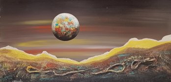 Edgar Stareck Listed MCM American Artist Signed Moon Over Outer Space Landscape Original Oil Masonite Framed