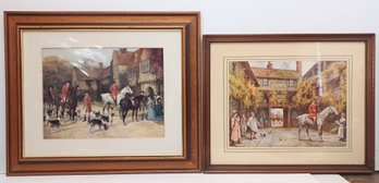 Pair (2) Vintage English Village & Equestrian Fox Hunting Scenes Elegantly Framed