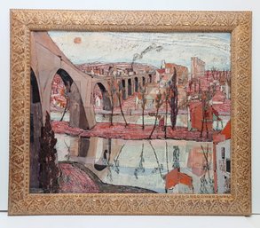 Jacques Bleny (1925-1960) 1955 Listed French Artist Signed Original Oil Canvas Village Landscape Aqueduct