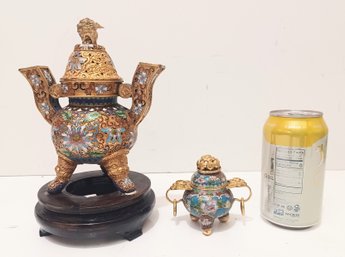 Two (2) Chinese Asian Decorative Cloisonne Incense Burners Floral Theme One On Wood Pedestal With Lion