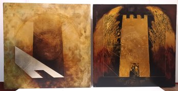 Original Pair (2) 1987 American Artist Louis Sciullo Signed Oil & Gold Leaf Abstract Diptych '7th Elegy'
