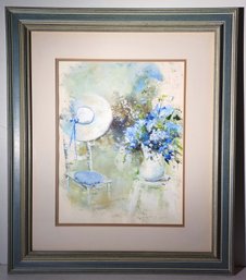 Listed American Charlene Cawley Signed Original Watercolor Still Life Blue Flowers In Vase Sunhat & Chair