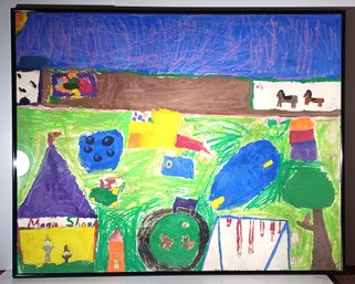 Original Mixed Media Acrylic Conte Stick Naive Art  Party Playground Landscape Framed Unsigned
