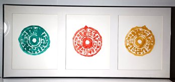 Original 20th C. Watercolor Three Round Abstract Images In Three Colors Triple Opening Mat Framed