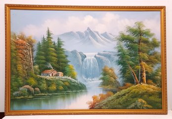 Bucolic Mountain Landscape Cabin Near Waterfall Original 20th C. Oil On Canvas Bob Ross Style 24 X 36