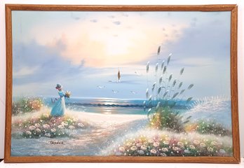 Impressionistic Floral Shoreline Morning Beachscape With Woman In Blue Dress Artist 'taylor' Signed Framed