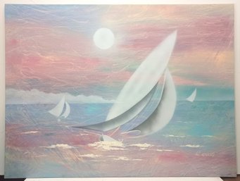 36 X 48 Original Acrylic On Canvas Sweeping Modern Seascape Sailboats Signed By Artist R. Stinski