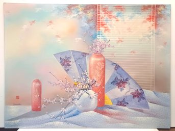 36 X 48 Chinese Artist David Han Signed & Kanji Mark Original Oil On Canvas Classic Still Life Flowers & Fan