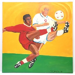 Paolo Corvino 1995 Listed Artist Signed Original Oil Canvas Dynamic Soccer Football Figures 36 X 36