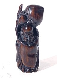 Vintage Netsuke Hand Carved Signed Rosewood Boxwood Bearded Monk Walking Stick
