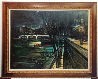 Regis Bouvier De Cachard 1962 Listed French Signed Original Oil Canvas Pont De Notre Dame Bernard Buffet Style