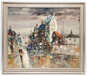 Marc Selva 1961 Listed MCM French Artist Signed Original Oil Canvas French Harborside Village Framed