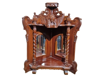 Gothic Revival Antique Carved Wood Winged Angel Corner Cabinet With Mirrors