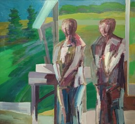 LARGE! Erwin Wending (1914-1993) 1984 Listed American Signed Original Oil Canvas 'People On Porch' 50 X 46