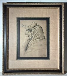Diego Rivera Iconic Mexican Artist Signed Original Antique Mixed Media Graphite Figures In Profile Framed