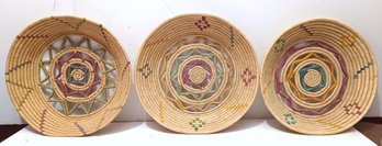 Three 14' Wide Woven Banded Decorative Baskets With Geometric Southwest Designs