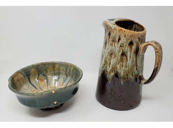 Two Stoneware Items: Pitcher & Bowl With Salt Glaze