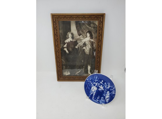 Vintage Framed Print Titled Lords Digby & Russel From Earl Spencer's Collection & Delft Plate Of Rembrandt Ptg