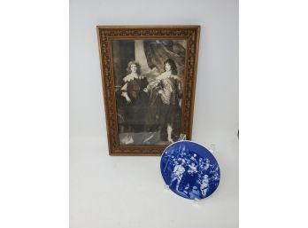 Vintage Framed Print Titled Lords Digby & Russel From Earl Spencer's Collection & Delft Plate Of Rembrandt Ptg