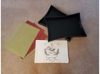 Two Leather Trays, Four Leather Placemats And A Pad Of Disposable Paper Poultry Placemats