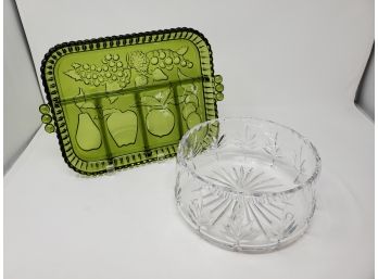 Two Glass Serving Pieces: Crystal Bowl & Vintage Divided Fruit-Themed Tray