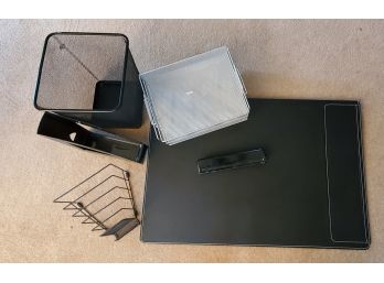 Office Supplies: Leather & Metal Desk Mat, File Storage, Trash Can, 3-hole Punch