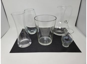 Four Clear Glass Vases & A Pitcher