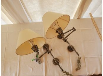 Pair Of Wall Mount Metal Lamps With Fabric Shades