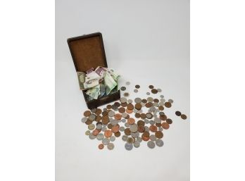 Lot Of Assorted Foreign Coins & Currency In A Cute Vintage Box