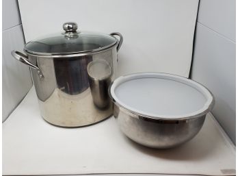 Stainless Stock Pot With Glass Lid & 8 Quart Stainless Mixing Bowl With Plastic Lid