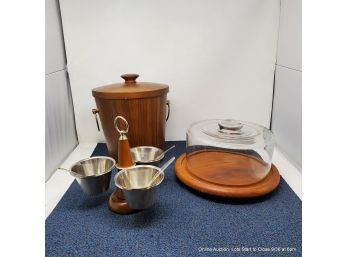 MCM Barware Including Teak Veneer Ice Bucket, Cake Cloche With Teak Tray, Spinning Sauce Server