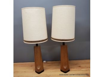 Pair Of MCM Teak Table Lamps With Leather Trim And Felt Bottoms
