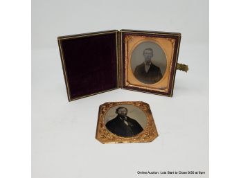 Two Antique Photos On In A Leather Case, One With Gold-tone Frame