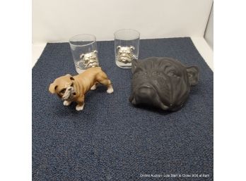 Lot Of Bulldog Items Including Two Glasses, A Terracotta Plaque, Angeline Original Ceramic Figurine