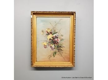 19th Century Oil On Linen Of Pansies Presented In A Gilt Gesso Frame.