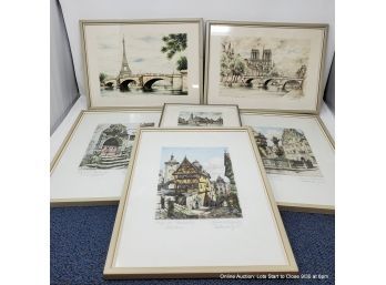 Lot Of 6 European Hand-colored Etchings In Frames Some Pencil Signed