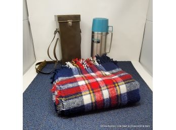 Two Vintage Thermos And A Picnic Blanket