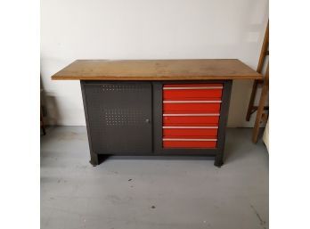 Metal Work Bench With Particle Board Top, 5 Drawers & One Locking Cabinet