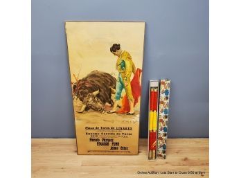 Personalized Bull Fighting Poster Mounted On Board With Two Souvenir Muletas