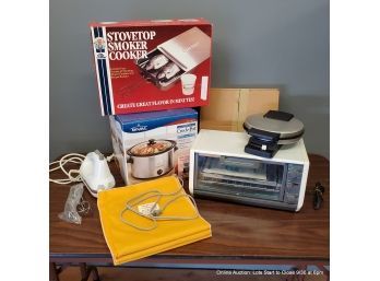 Large Lot Of Small Kitchen Appliances: Black & Decker Toaster Oven, Rival 4 Qt. Crock Pot, Stovetop Smoker