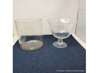 Two Large Glass Display Bowls One With Footed Base