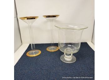 Large Gilt-rim Glass Candle Sticks And A Footed Display Bowl