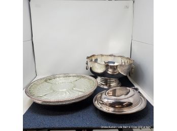 Silver Plate Punch Bowl, Vegetable Dish, & Hors D'oeuvres Lazy Susan